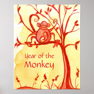 Poster Nouvel An Chinois De L'Arbre Rouge Du Singe