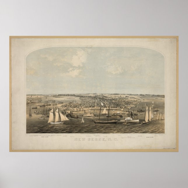 Poster Nouvelle Berne Caroline du Nord 1864 Carte panoram (Devant)