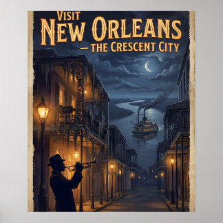Poster Nouvelle-Orléans Crescent City Vintage Noir Voyage