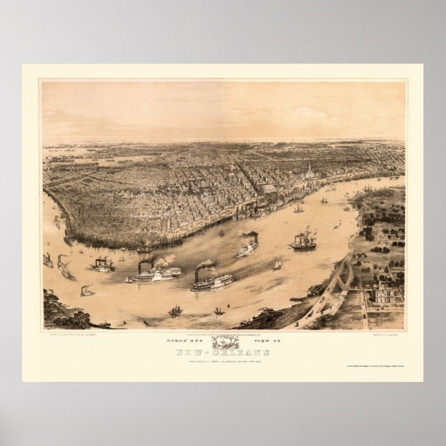 Poster Nouvelle-Orléans, LA Carte panoramique - 1851 (Devant)