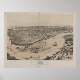 Poster Nouvelle-Orléans Louisana 1851 Antique carte panor