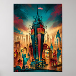Poster Nouvelle York Manhattan Paysage Urbain Fantaisiste