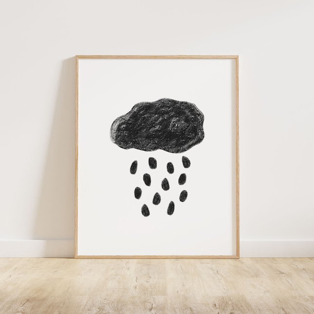 Poster Nuage noir et pluie (Chalky, textured brush style Cloud and Raindrops in black)