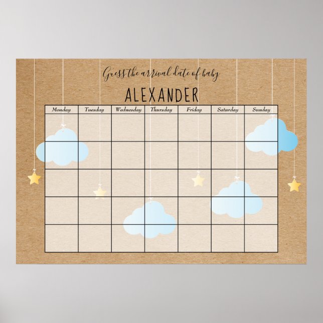 Poster Nuages Bleus Rustiques Gold Stars Devinez La Date  (Devant)