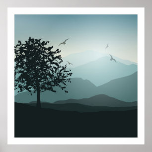 Poster Nuances d'arbre isolé de bleus verts de Smokey de