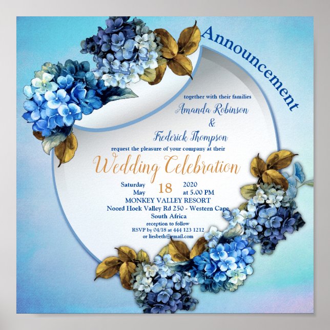 Poster Nuances de bleu aquarelle Hydrangeas Mariage (Devant)