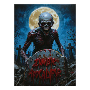 Poster Nuit de pleine lune avec goules zombies dans un ci