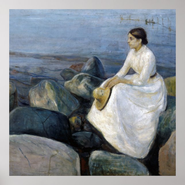 Poster Nuit d'été. Enger sur la plage par Edvard Munch (Devant)