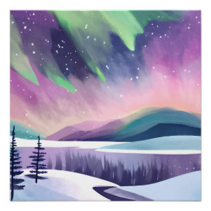Poster Nuit d'hiver colorée aux aurores boréales   Aquare