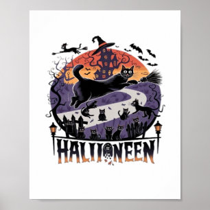 Poster Nuit éffrayante d'Halloween en Chat Noir - Vintage