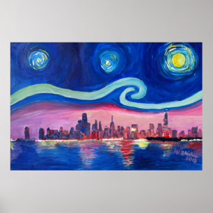 Poster Nuit étoile à Chicago Illinois avec le lac Michiga