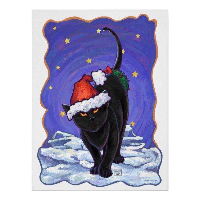 Poster Nuit étoile Noir Chat Noël (Devant)