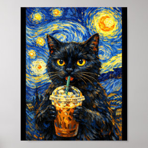Poster Nuit étoilée chat noir café style van gogh drôle