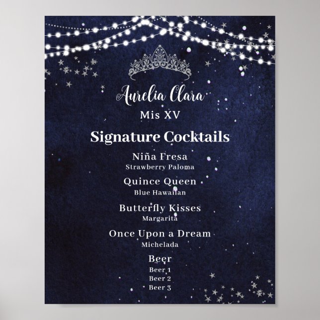 Poster Nuit étoilée Quinceanera Sweet 16 Bar Menu Boisson (Devant)