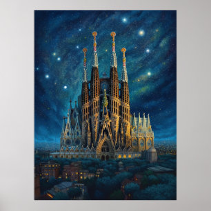 Poster Nuit étoilée sur Sagrada Familia Barcelona