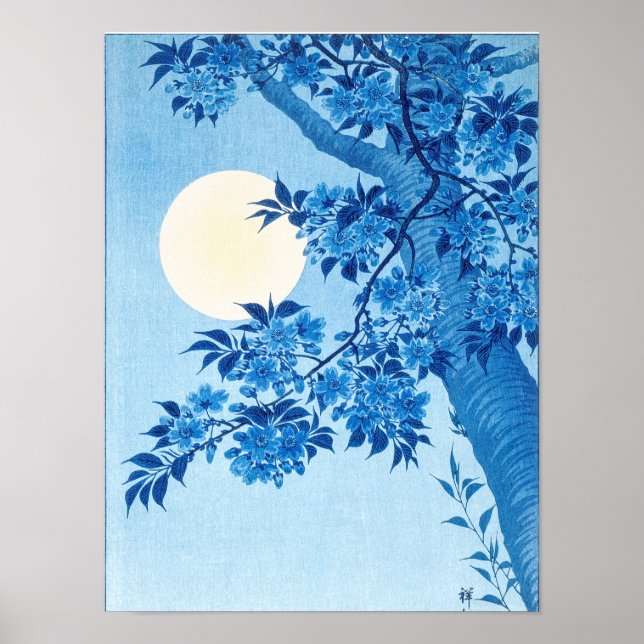 Poster Nuit Lune de Cerise en fleurs Ohara Koson Blue12 (Devant)