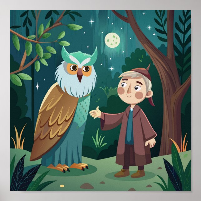 Poster Nuit magique dans la forêt : Boy and Owl (Devant)