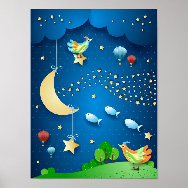 Poster Nuit surréaliste avec lune et vague d'étoiles (Devant)