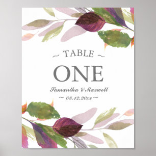 Poster Numéro de Table Aquarelle Feuilles de Foliage d'Au