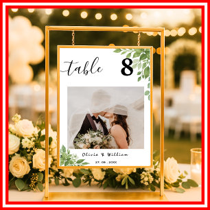Poster Numéro de table de mariage aux feuilles vert sauge