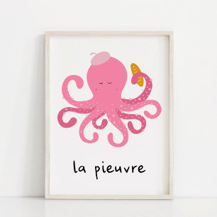 Poster Nurserie de la pieuvre rose mignonne française
