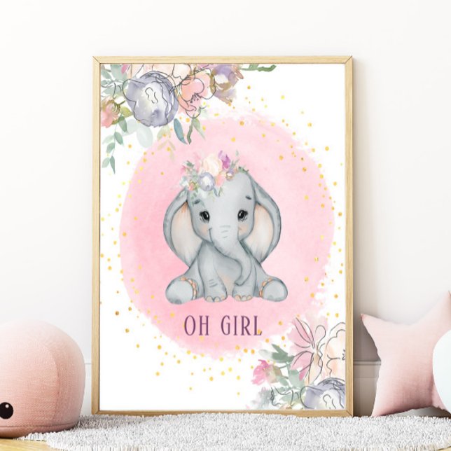 Poster Nurserie Fille Éléphant Aquarelle Fleurs Roses (Créateur téléchargé)