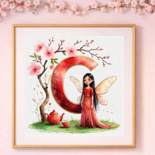 Poster Nurserie Fille Lettre C Fée Floral