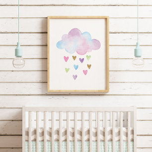 Poster Nurserie Fille Nuage Cœurs Pastel Aquarelle