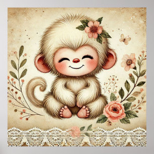 Poster Nurserie Fleurie pour Bébé Singe