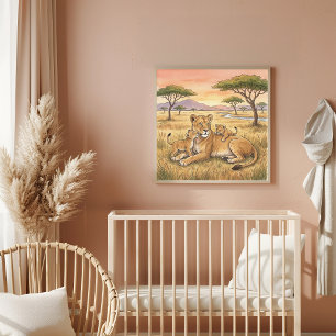 Poster Nurserie Mama Lion et ses petits