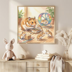 Poster Nurserie Maman Hamster et Bébés