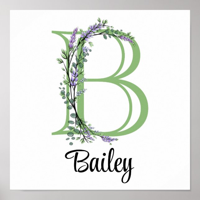 Poster Nurserie Monogram B Lavande Eucalyptus  (Devant)