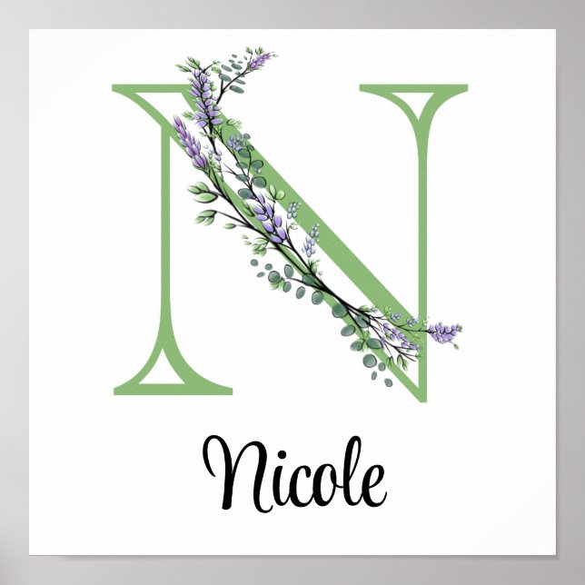 Poster Nurserie Monogramme N Lavande Eucalyptus  (Devant)
