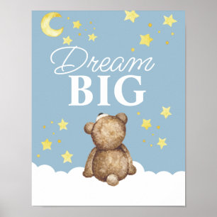 Poster Nurserie Ourson Rêve Grande Lune et Étoiles
