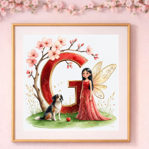 Poster Nurserie pour Bébé Fille Lettre G Fée Floral
