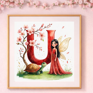 Poster Nurserie pour Bébé Fille Lettre U Fée Floral