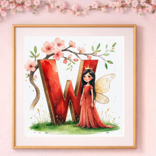 Poster Nurserie pour Bébé Fille Lettre W Fée Florale