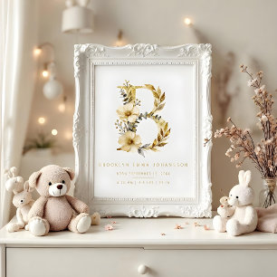 Póster Nursery Cute Romantic Floral B Letter Gold Poster