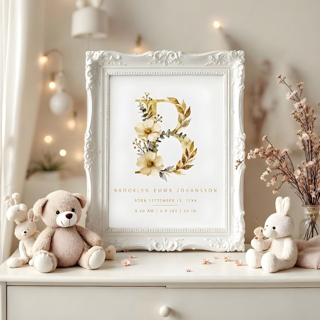 Póster Nursery Cute Romantic Floral B Letter Gold Poster (Delicate Romantic Floral B Letter in Gold Glitter Effect Posters for Nursery Decor. )