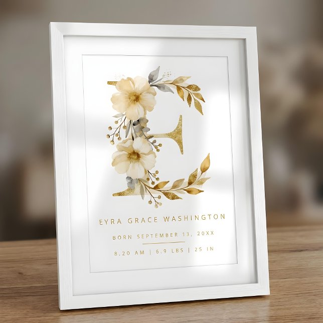 Poster Nursery Cute Romantic Floral E Letter Gold Glitter (Delicate Romantic Floral E Letter in Gold Glitter Effect Posters for Nursery Decor. )
