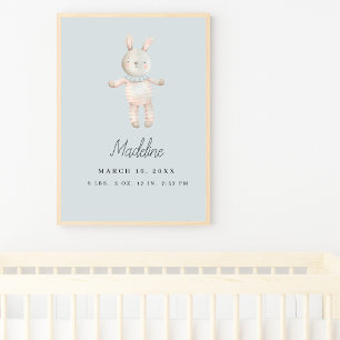 Poster Nursery personnalisable lapin rose bleu clair
