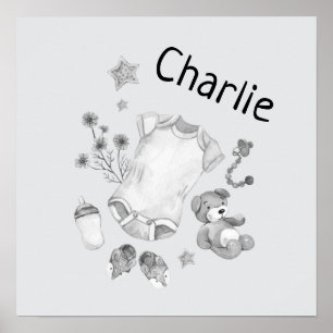 Poster Nursery vintage bébé noir et blanc aquarelle