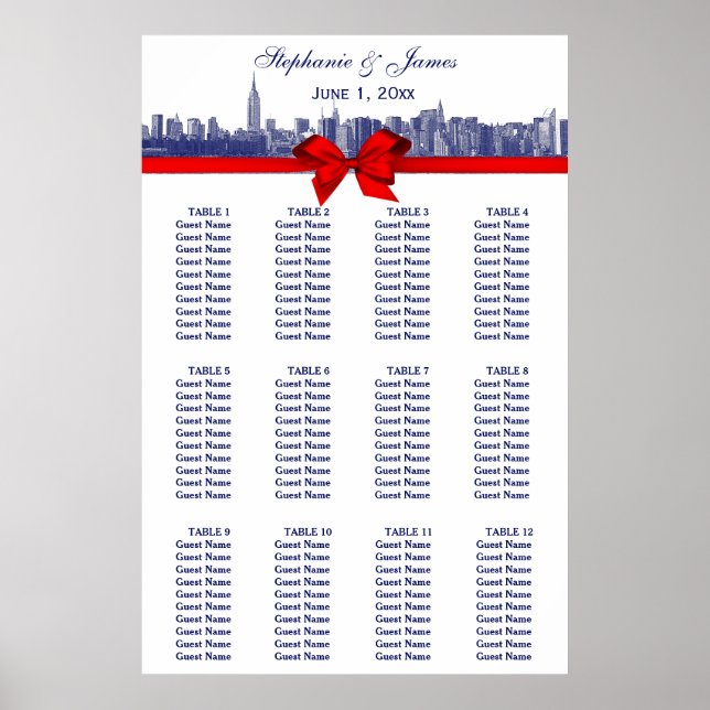 Poster NYC large Skyline Etted BW rouge Bow bleu (Devant)