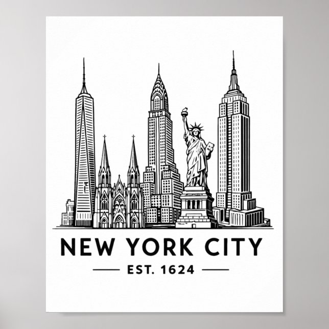 Poster NYC Skyline Illustration with Statue of Liberty (Devant)