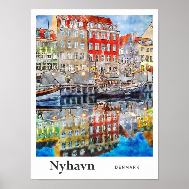 Poster Nyhavn Danemark Voyage Aquarelle main tirée (Devant)