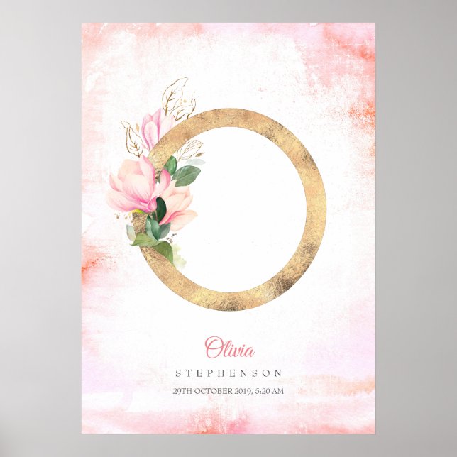 Poster O Lettre Feuilles d'or Monogram rose Magnolia Flor (Devant)