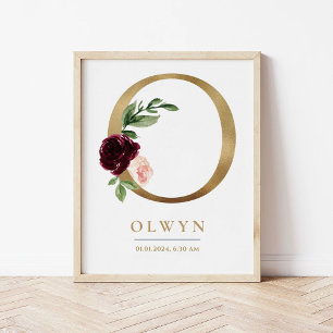 Poster O Lettre Monogramme Nom Marsala Floral Nursery