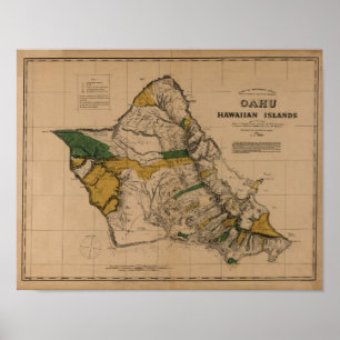 Poster Oahu, 1881, carte vintage d'Hawaï
