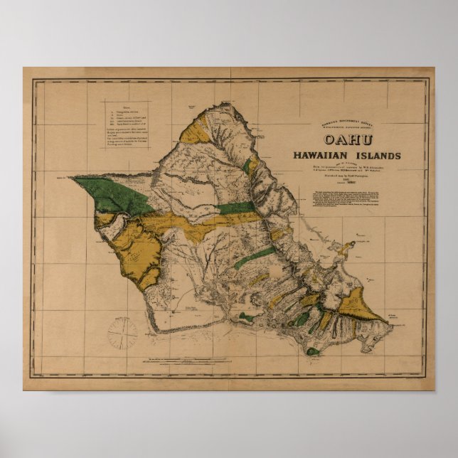Poster Oahu, 1881, Carte Vintage Hawaii (Devant)