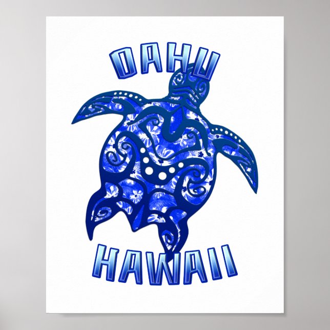 Poster Oahu Hawaii Vacances Tortue Tribale (Devant)